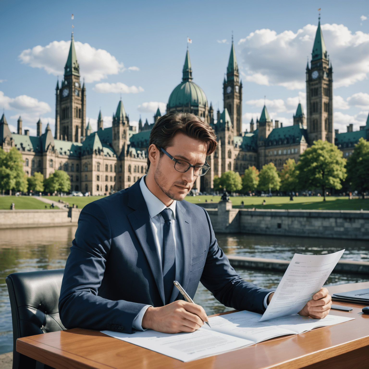 A futuristic image showing AI algorithms analyzing and drafting legislative documents, with Canadian parliament buildings in the background