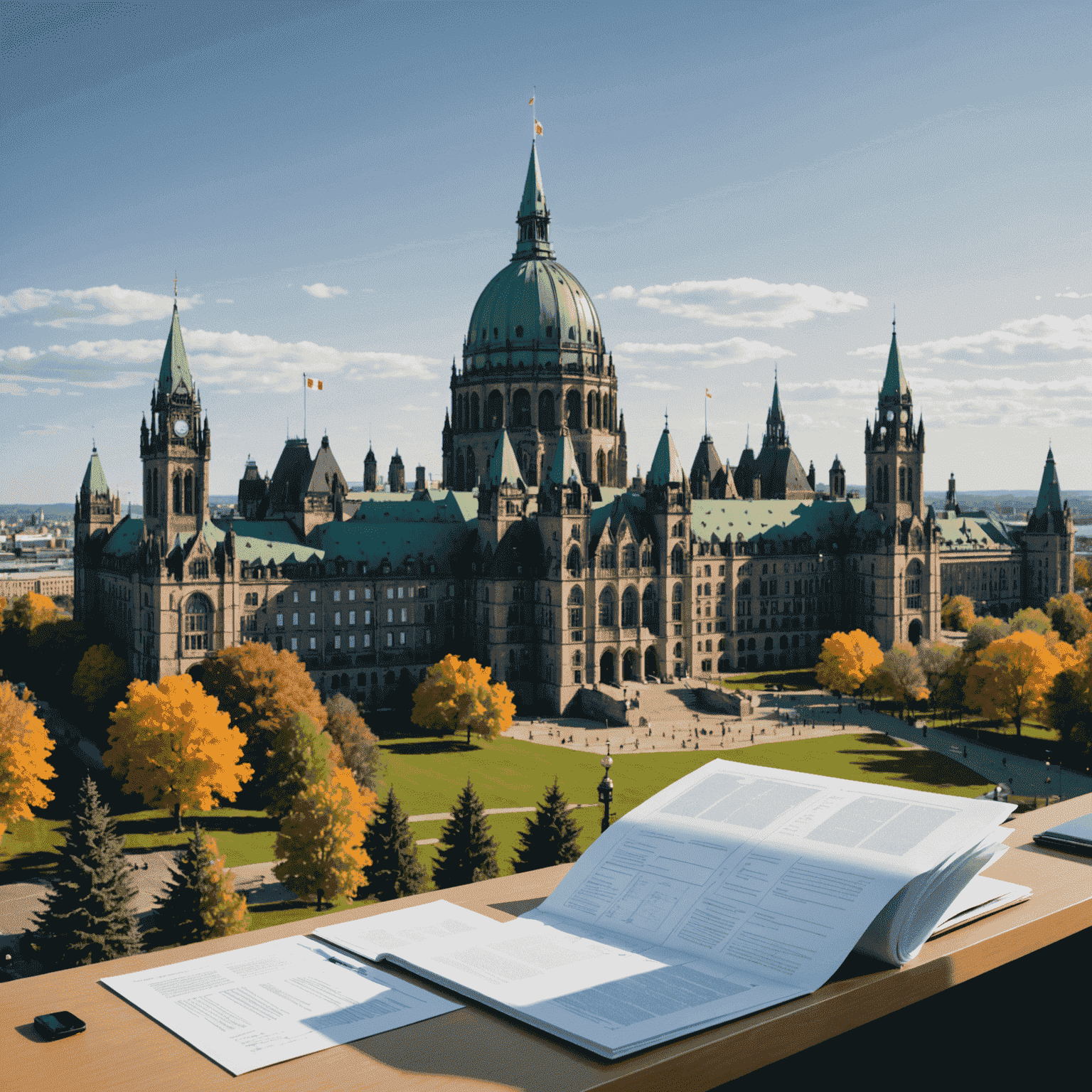 A futuristic AI system analyzing and drafting legislative documents, with Canadian parliament buildings in the background