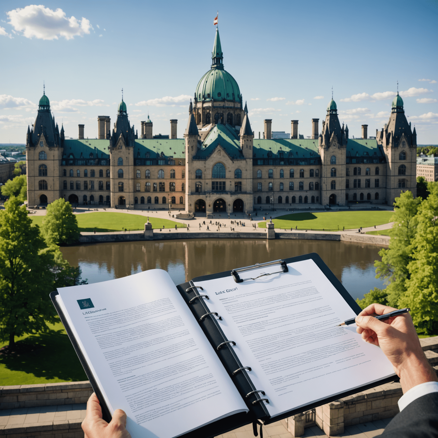 A sophisticated AI system analyzing legal documents, with Canadian parliamentary buildings in the background