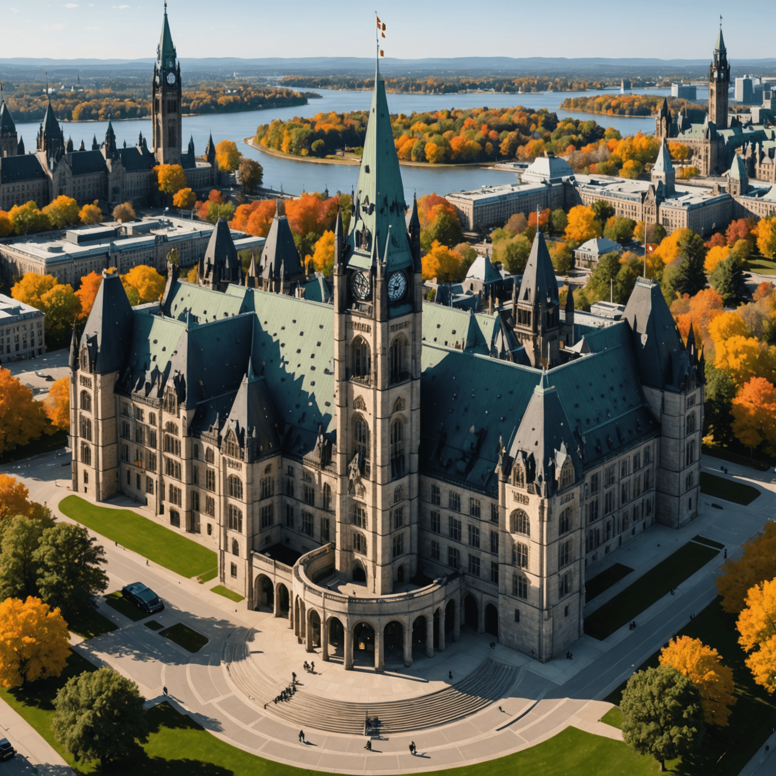 A Canadian parliament building with AI-related symbols and ethical considerations overlaid, representing the intersection of AI and legislation