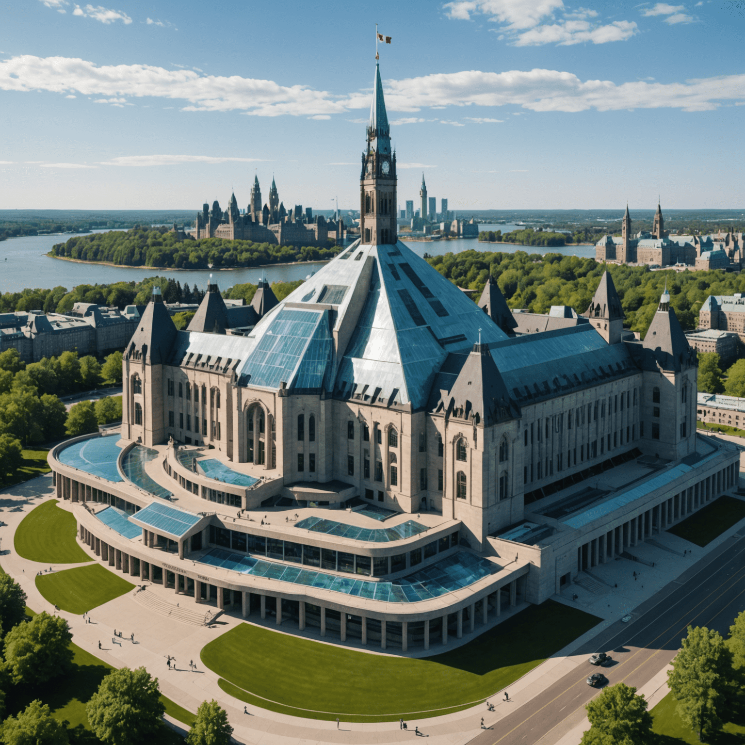 Futuristic Canadian Parliament building with holographic displays showing AI-assisted legislative processes