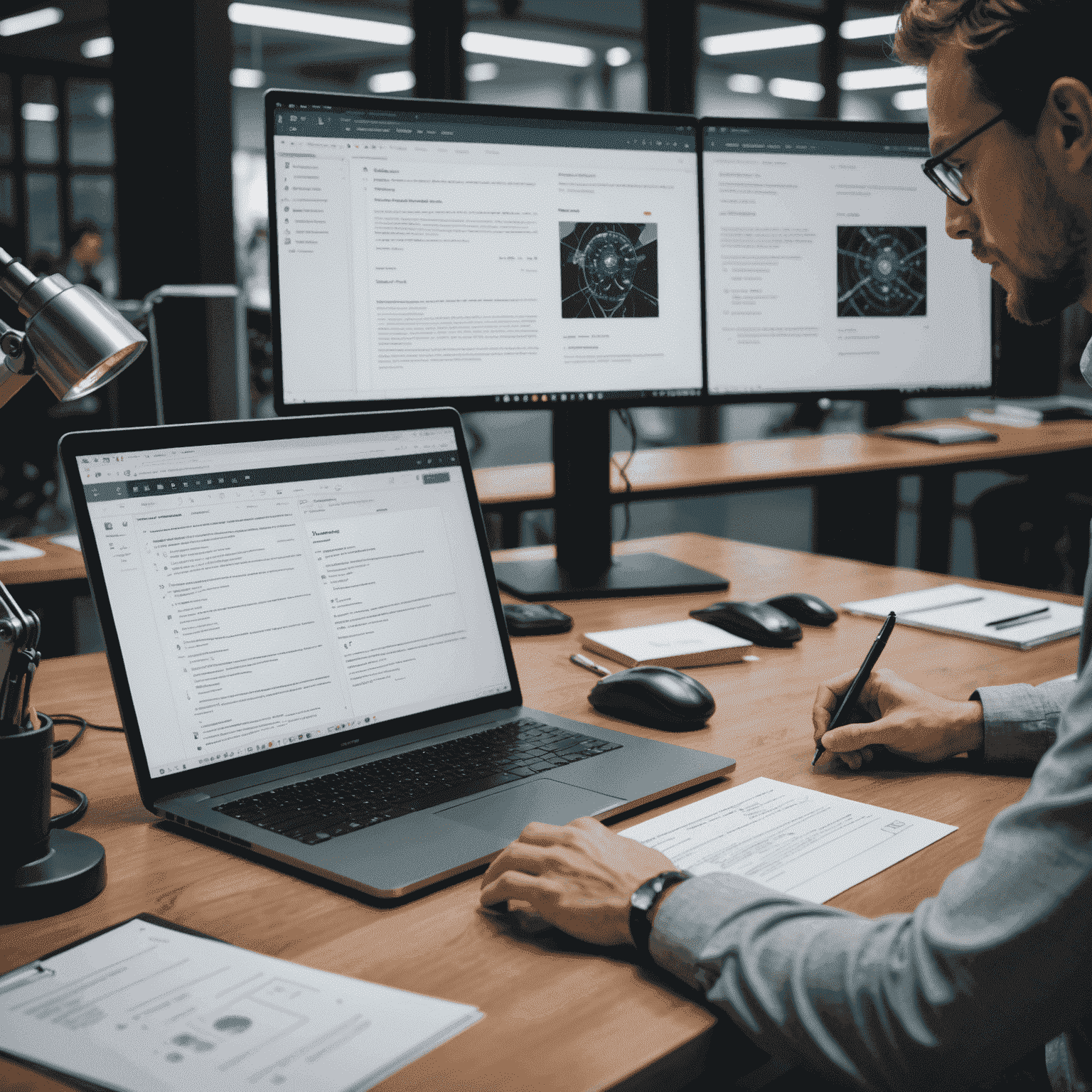 A split-screen image showing a human drafter working alongside an AI interface, both focused on creating legal documents