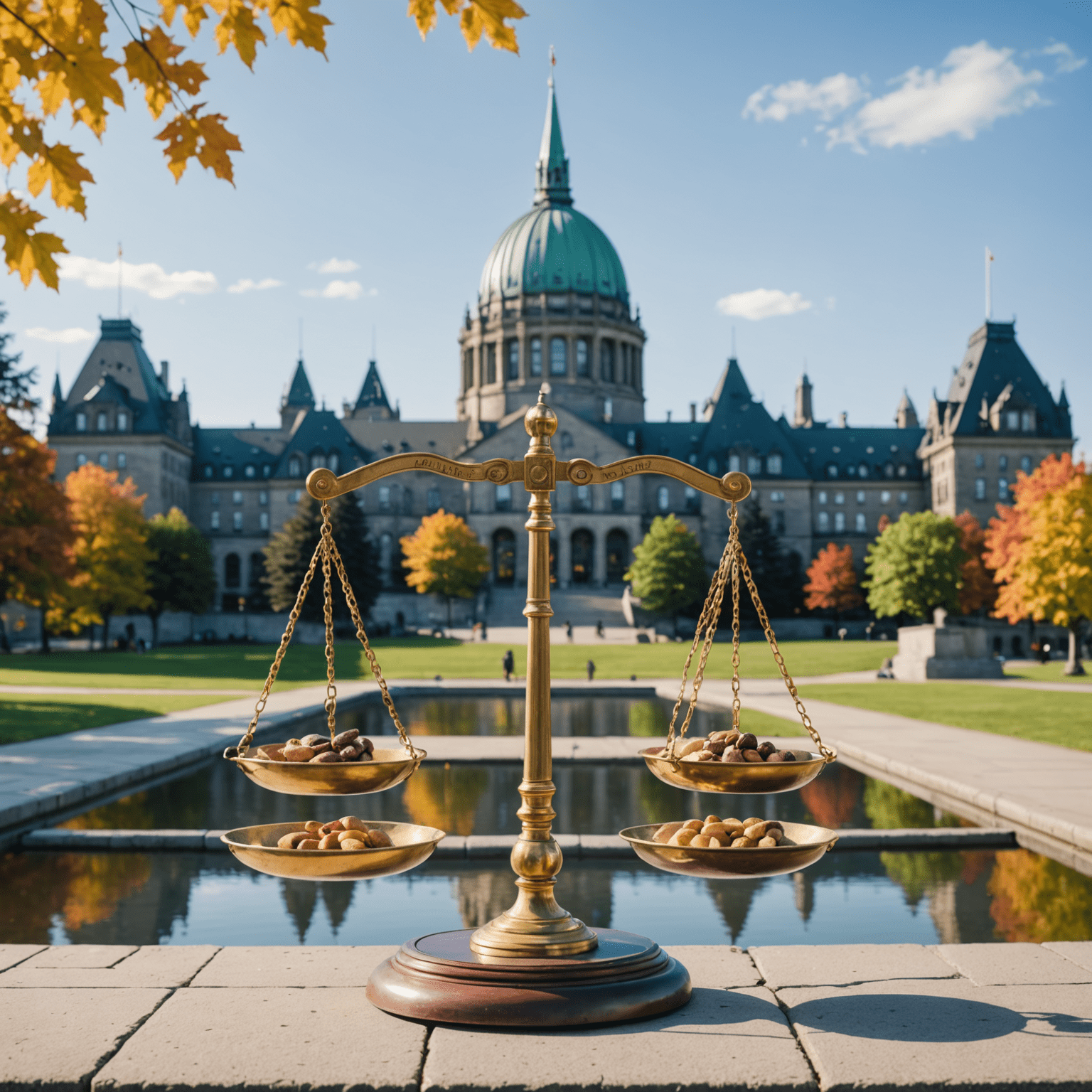 Conceptual image showing AI and ethics scales balancing, with Canadian legislative buildings in the background